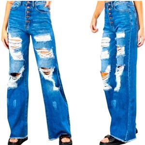 VIBRANT M I U High Rise, Raw Hem, Distressed Wide Leg Jeans in Medium Stone Sz 9